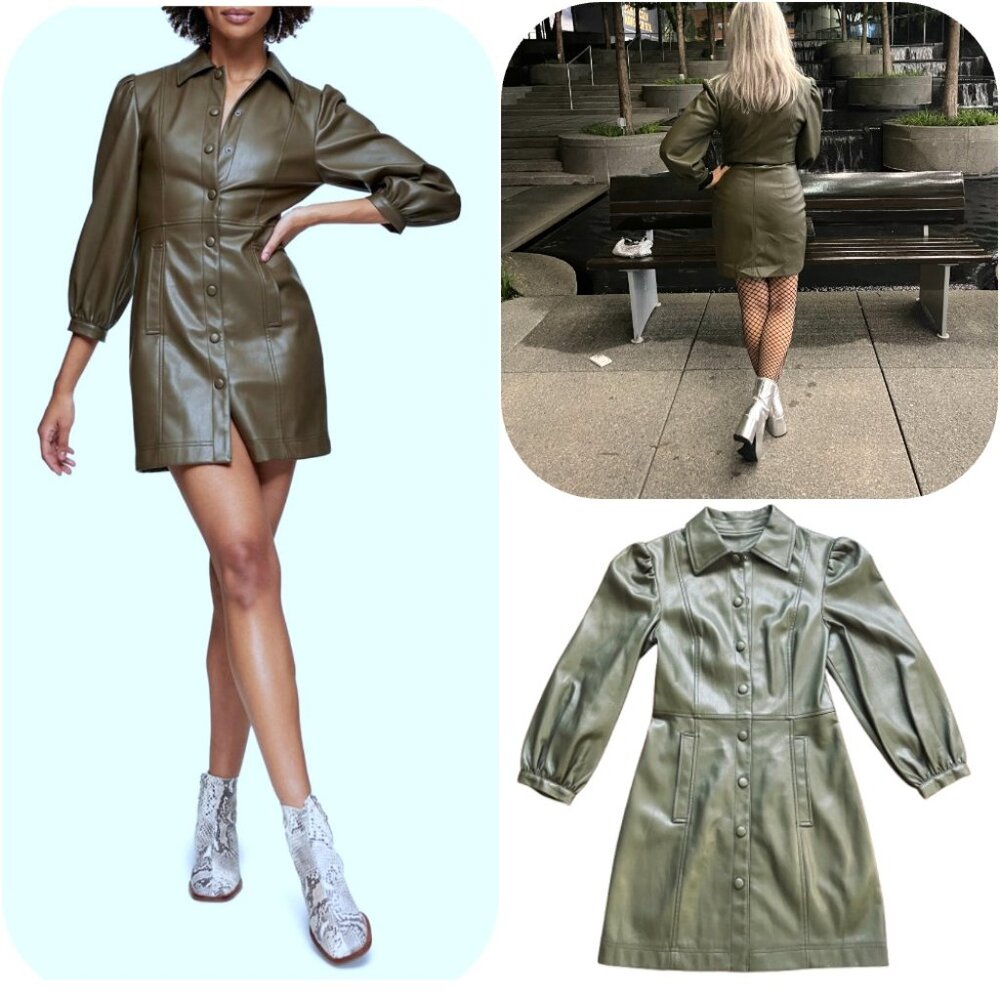 Topshop faux leather puffy sleeves olive shirtdress 2